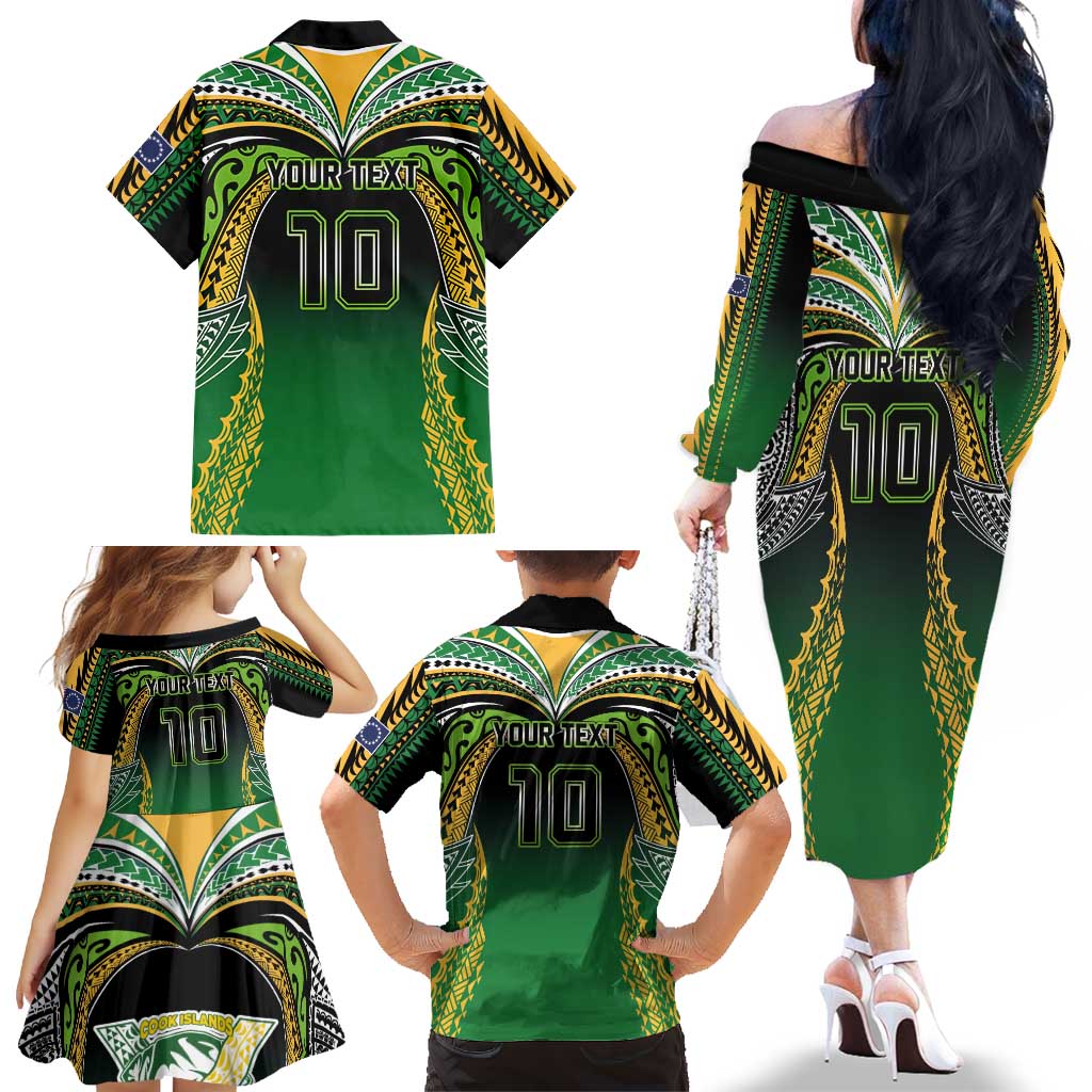 Custom Cook Islands Rugby League Family Matching Off The Shoulder Long Sleeve Dress and Hawaiian Shirt Avaiki Tatau Tribal Motifs Black Color LT03 - Polynesian Pride