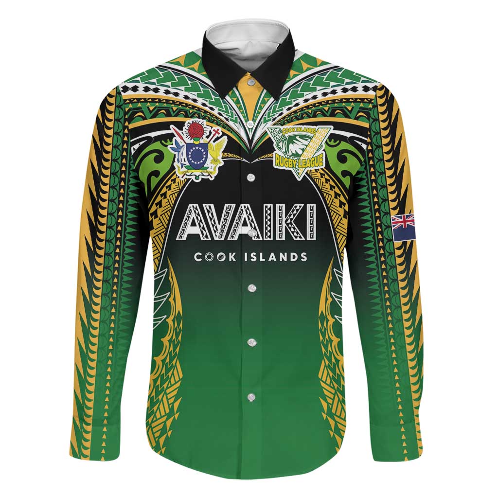 Custom Cook Islands Rugby League Family Matching Off The Shoulder Long Sleeve Dress and Hawaiian Shirt Avaiki Tatau Tribal Motifs Black Color LT03 Dad's Shirt - Long Sleeve Black - Polynesian Pride