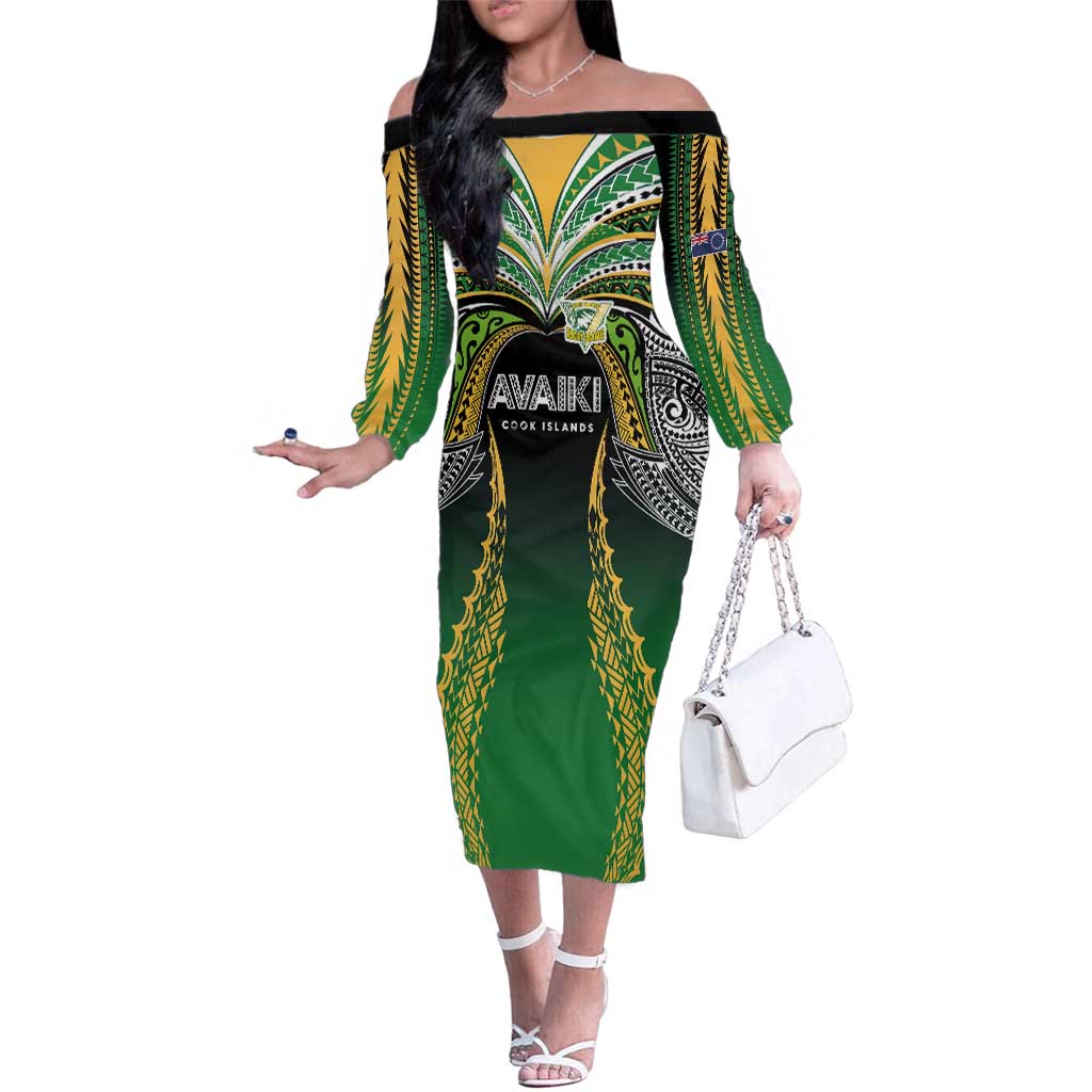 Custom Cook Islands Rugby League Family Matching Off The Shoulder Long Sleeve Dress and Hawaiian Shirt Avaiki Tatau Tribal Motifs Black Color LT03 Mom's Dress Black - Polynesian Pride