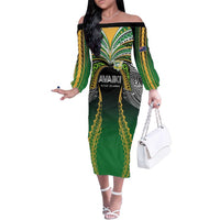 Custom Cook Islands Rugby League Family Matching Off The Shoulder Long Sleeve Dress and Hawaiian Shirt Avaiki Tatau Tribal Motifs Black Color LT03 Mom's Dress Black - Polynesian Pride