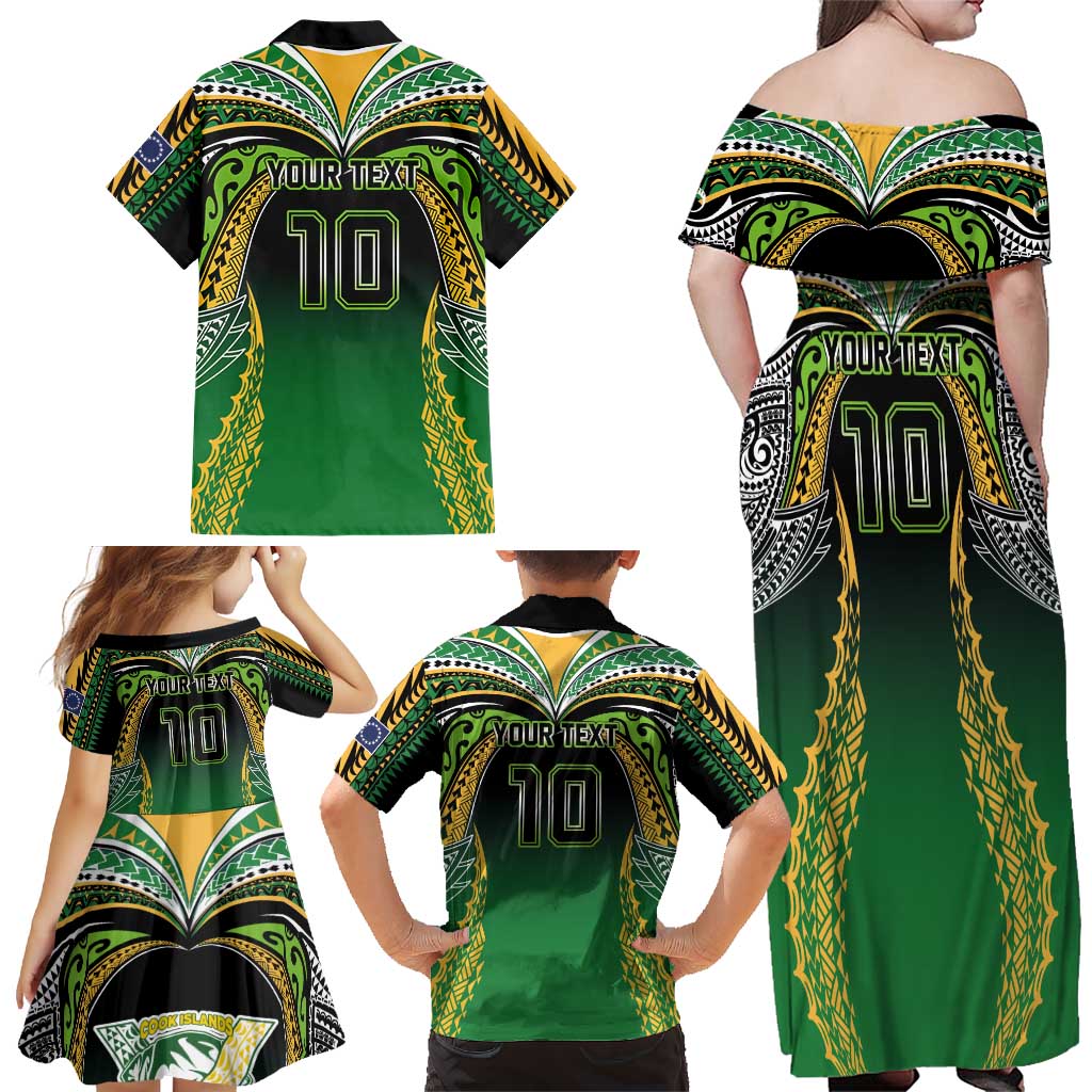 Custom Cook Islands Rugby League Family Matching Off Shoulder Maxi Dress and Hawaiian Shirt Avaiki Tatau Tribal Motifs Black Color - Polynesian Pride
