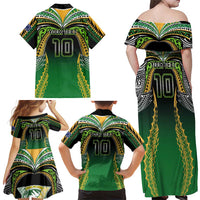 Custom Cook Islands Rugby League Family Matching Off Shoulder Maxi Dress and Hawaiian Shirt Avaiki Tatau Tribal Motifs Black Color - Polynesian Pride