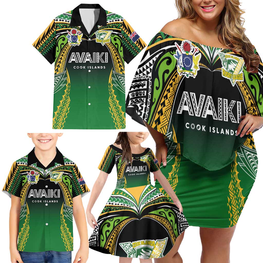 Custom Cook Islands Rugby League Family Matching Off Shoulder Short Dress and Hawaiian Shirt Avaiki Tatau Tribal Motifs Black Color - Polynesian Pride