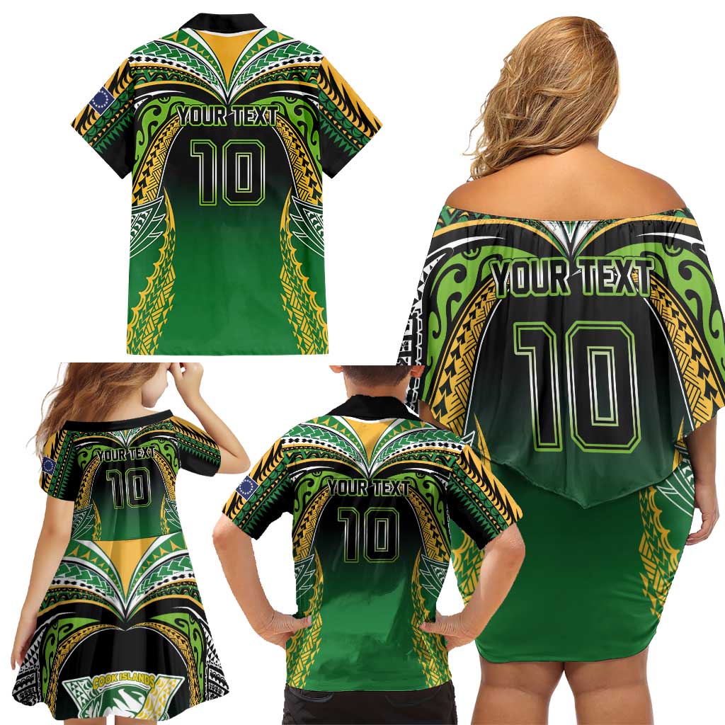 Custom Cook Islands Rugby League Family Matching Off Shoulder Short Dress and Hawaiian Shirt Avaiki Tatau Tribal Motifs Black Color - Polynesian Pride