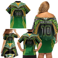 Custom Cook Islands Rugby League Family Matching Off Shoulder Short Dress and Hawaiian Shirt Avaiki Tatau Tribal Motifs Black Color - Polynesian Pride