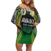 Custom Cook Islands Rugby League Family Matching Off Shoulder Short Dress and Hawaiian Shirt Avaiki Tatau Tribal Motifs Black Color - Polynesian Pride