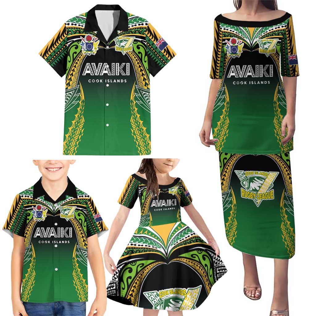 Custom Cook Islands Rugby League Family Matching Puletasi and Hawaiian Shirt Avaiki Tatau Tribal Motifs Black Color LT03 - Polynesian Pride