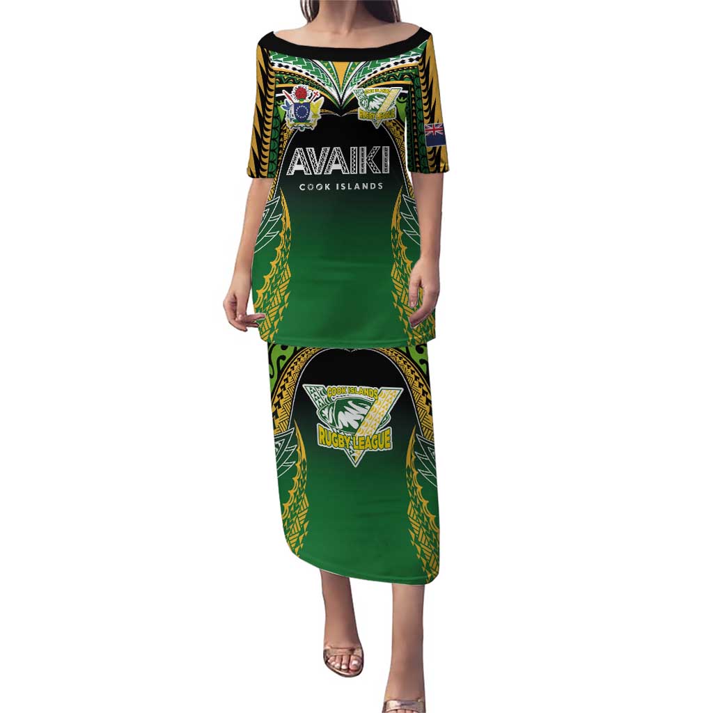 Custom Cook Islands Rugby League Family Matching Puletasi and Hawaiian Shirt Avaiki Tatau Tribal Motifs Black Color LT03 Mom's Dress Black - Polynesian Pride