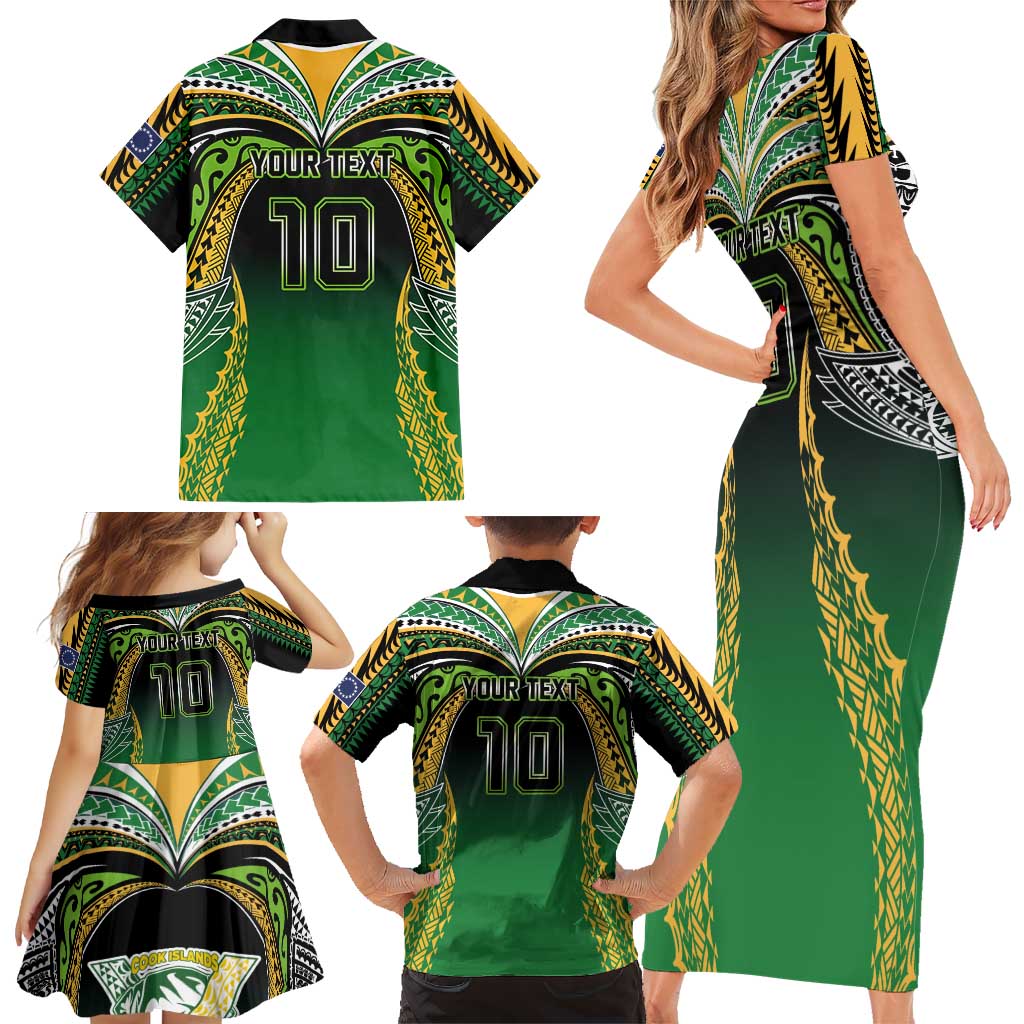 Custom Cook Islands Rugby League Family Matching Short Sleeve Bodycon Dress and Hawaiian Shirt Avaiki Tatau Tribal Motifs Black Color - Polynesian Pride