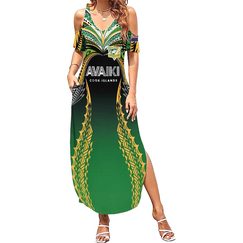 Custom Cook Islands Rugby League Family Matching Summer Maxi Dress and Hawaiian Shirt Avaiki Tatau Tribal Motifs Black Color - Polynesian Pride