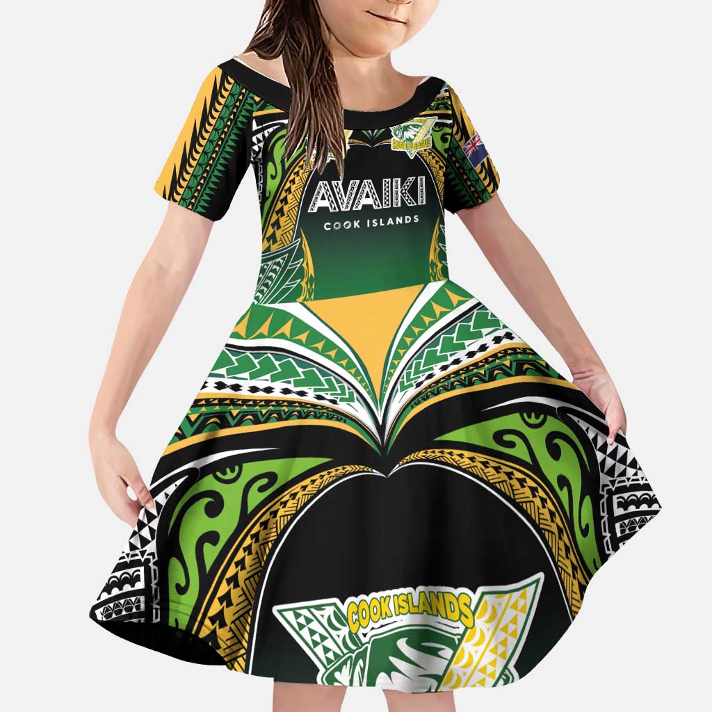 Custom Cook Islands Rugby League Family Matching Tank Maxi Dress and Hawaiian Shirt Avaiki Tatau Tribal Motifs Black Color LT03 Daughter's Dress Black - Polynesian Pride