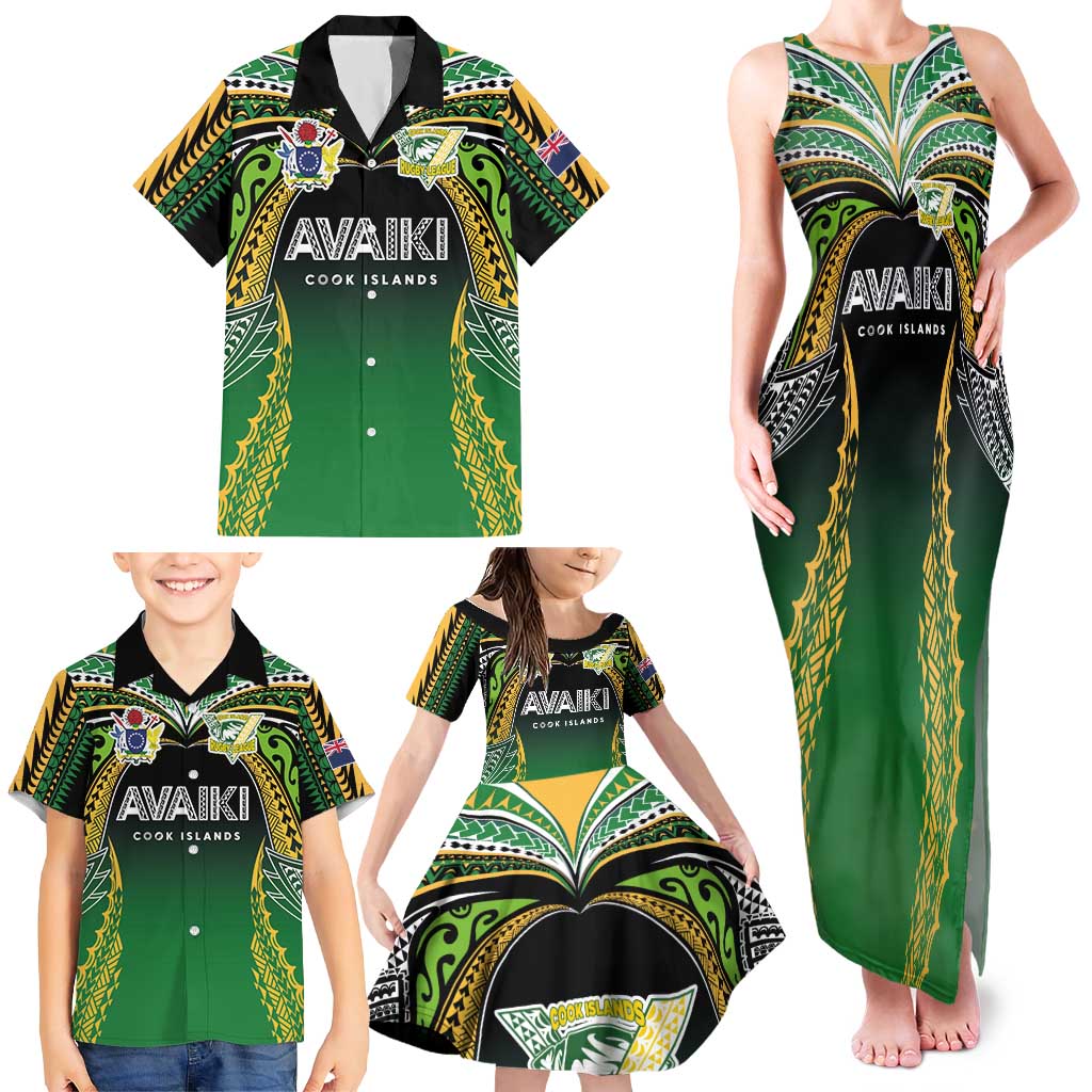 Custom Cook Islands Rugby League Family Matching Tank Maxi Dress and Hawaiian Shirt Avaiki Tatau Tribal Motifs Black Color LT03 - Polynesian Pride