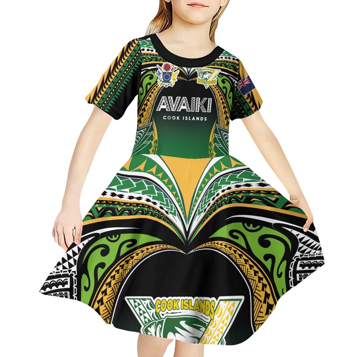 Custom Cook Islands Rugby League Kid Short Sleeve Dress Avaiki Tatau Tribal Motifs Black Color - Polynesian Pride