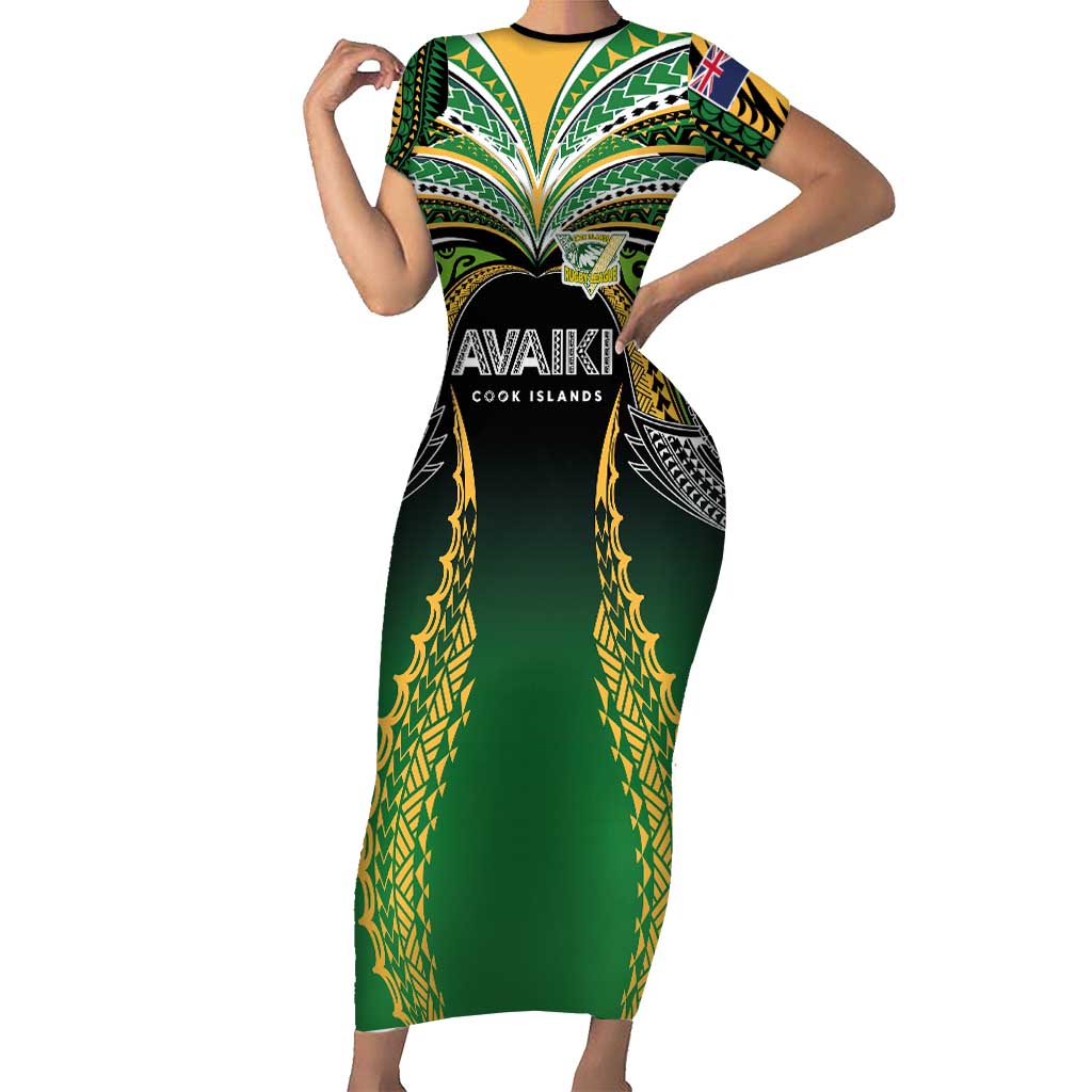 Custom Cook Islands Rugby League Short Sleeve Bodycon Dress Avaiki Tatau Tribal Motifs Black Color - Polynesian Pride