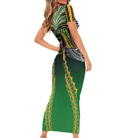 Custom Cook Islands Rugby League Short Sleeve Bodycon Dress Avaiki Tatau Tribal Motifs Black Color - Polynesian Pride