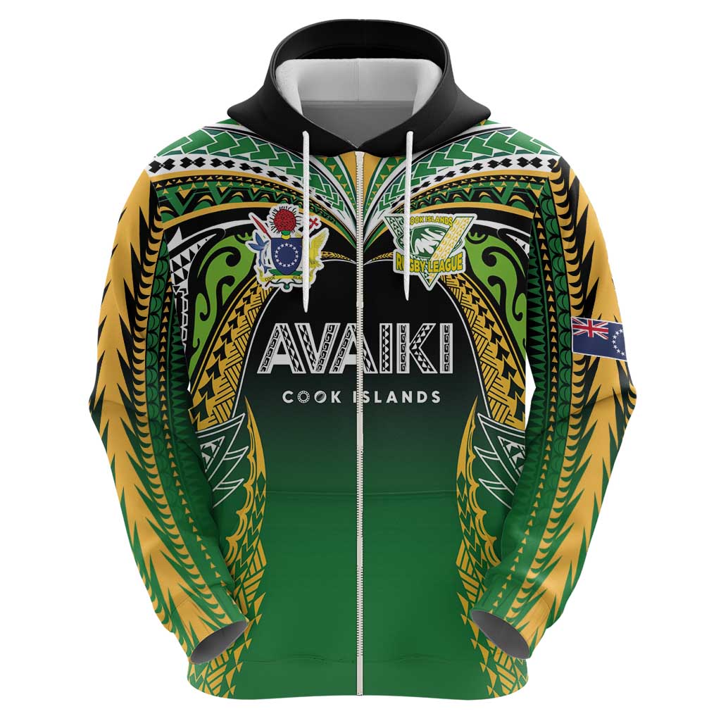 Custom Cook Islands Rugby League Zip Hoodie Avaiki Tatau Tribal Motifs Black Color LT03 - Polynesian Pride