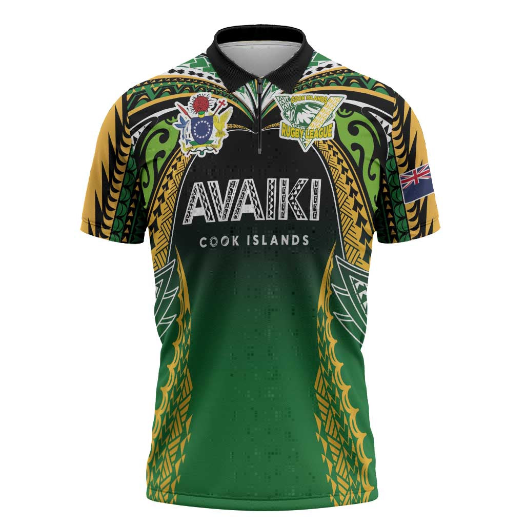 Custom Cook Islands Rugby League Zipper Polo Shirt Avaiki Tatau Tribal Motifs Black Color - Polynesian Pride