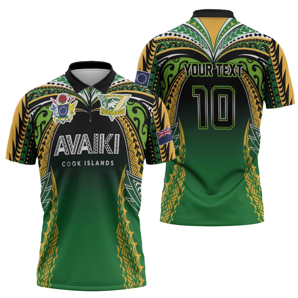 Custom Cook Islands Rugby League Zipper Polo Shirt Avaiki Tatau Tribal Motifs Black Color - Polynesian Pride