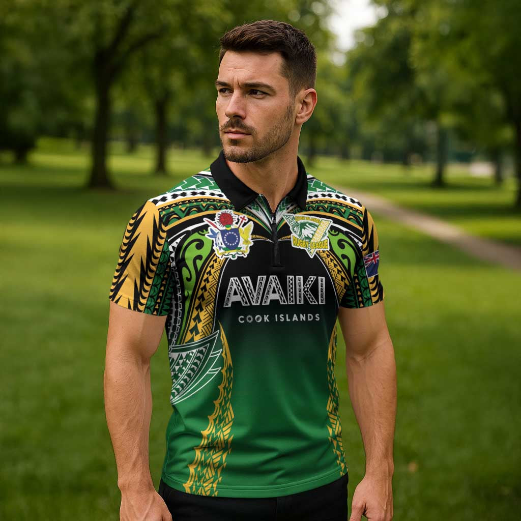 Custom Cook Islands Rugby League Zipper Polo Shirt Avaiki Tatau Tribal Motifs Black Color - Polynesian Pride
