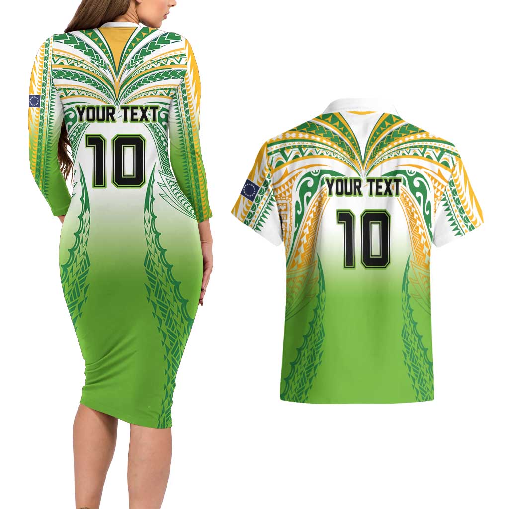 Custom Cook Islands Rugby League Couples Matching Long Sleeve Bodycon Dress and Hawaiian Shirt Avaiki Tatau Tribal Motifs White Color - Polynesian Pride