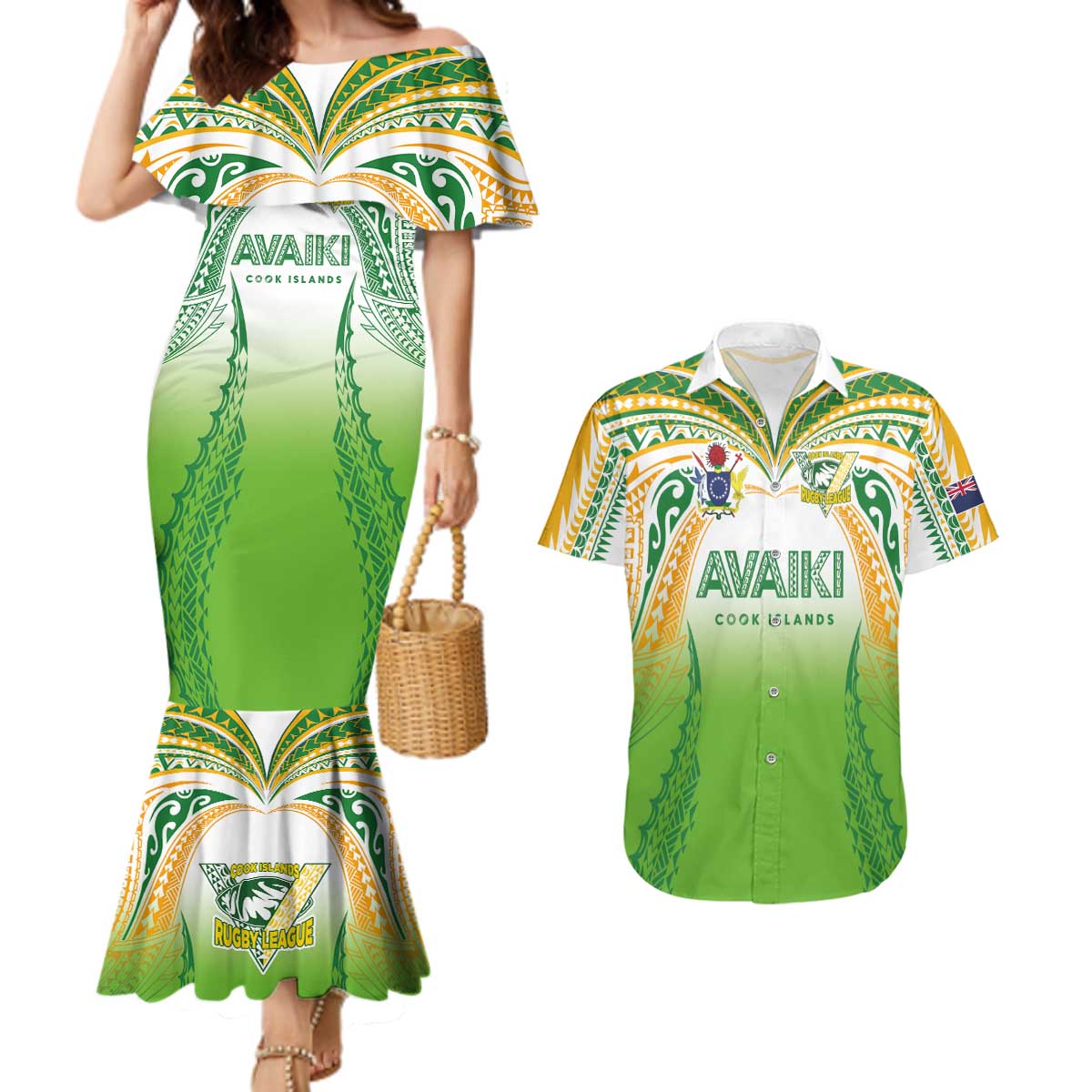 Custom Cook Islands Rugby League Couples Matching Mermaid Dress and Hawaiian Shirt Avaiki Tatau Tribal Motifs White Color - Polynesian Pride