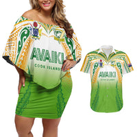 Custom Cook Islands Rugby League Couples Matching Off Shoulder Short Dress and Hawaiian Shirt Avaiki Tatau Tribal Motifs White Color - Polynesian Pride