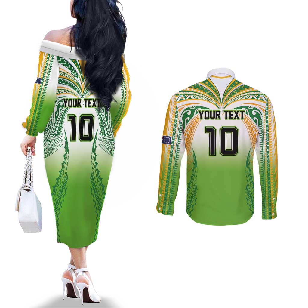 Custom Cook Islands Rugby League Couples Matching Off The Shoulder Long Sleeve Dress and Long Sleeve Button Shirt Avaiki Tatau Tribal Motifs White Color - Polynesian Pride