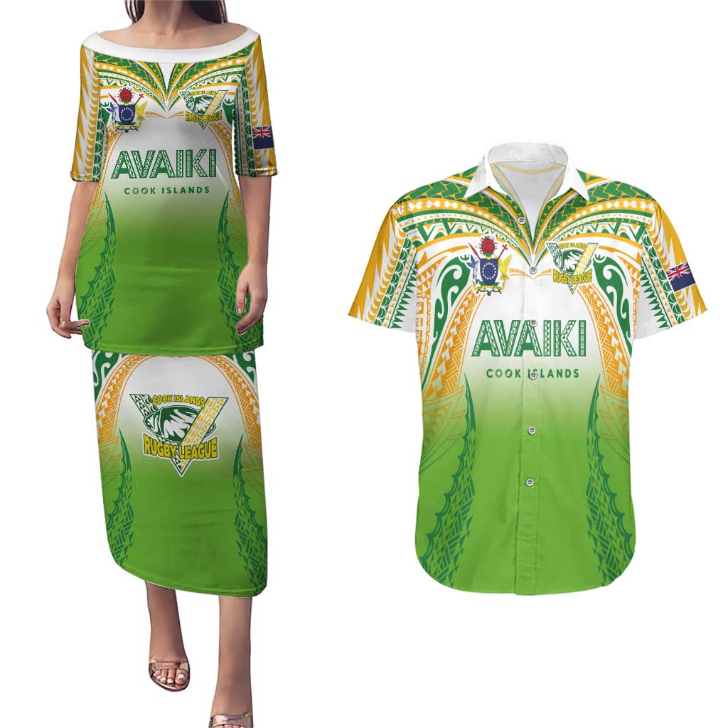 Custom Cook Islands Rugby League Couples Matching Puletasi and Hawaiian Shirt Avaiki Tatau Tribal Motifs White Color - Polynesian Pride
