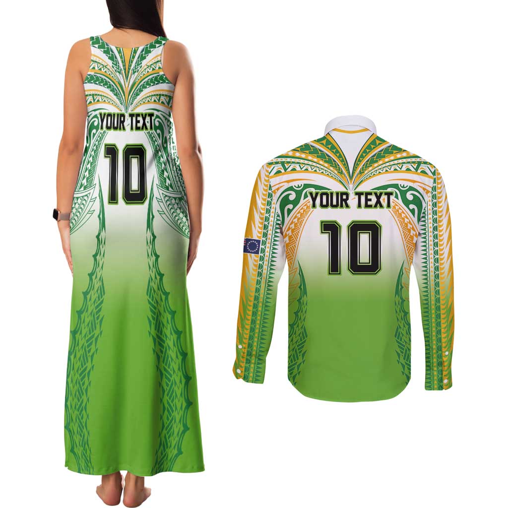 Custom Cook Islands Rugby League Couples Matching Tank Maxi Dress and Long Sleeve Button Shirt Avaiki Tatau Tribal Motifs White Color LT03 - Polynesian Pride