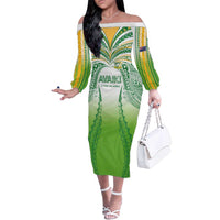 Custom Cook Islands Rugby League Family Matching Off The Shoulder Long Sleeve Dress and Hawaiian Shirt Avaiki Tatau Tribal Motifs White Color - Polynesian Pride