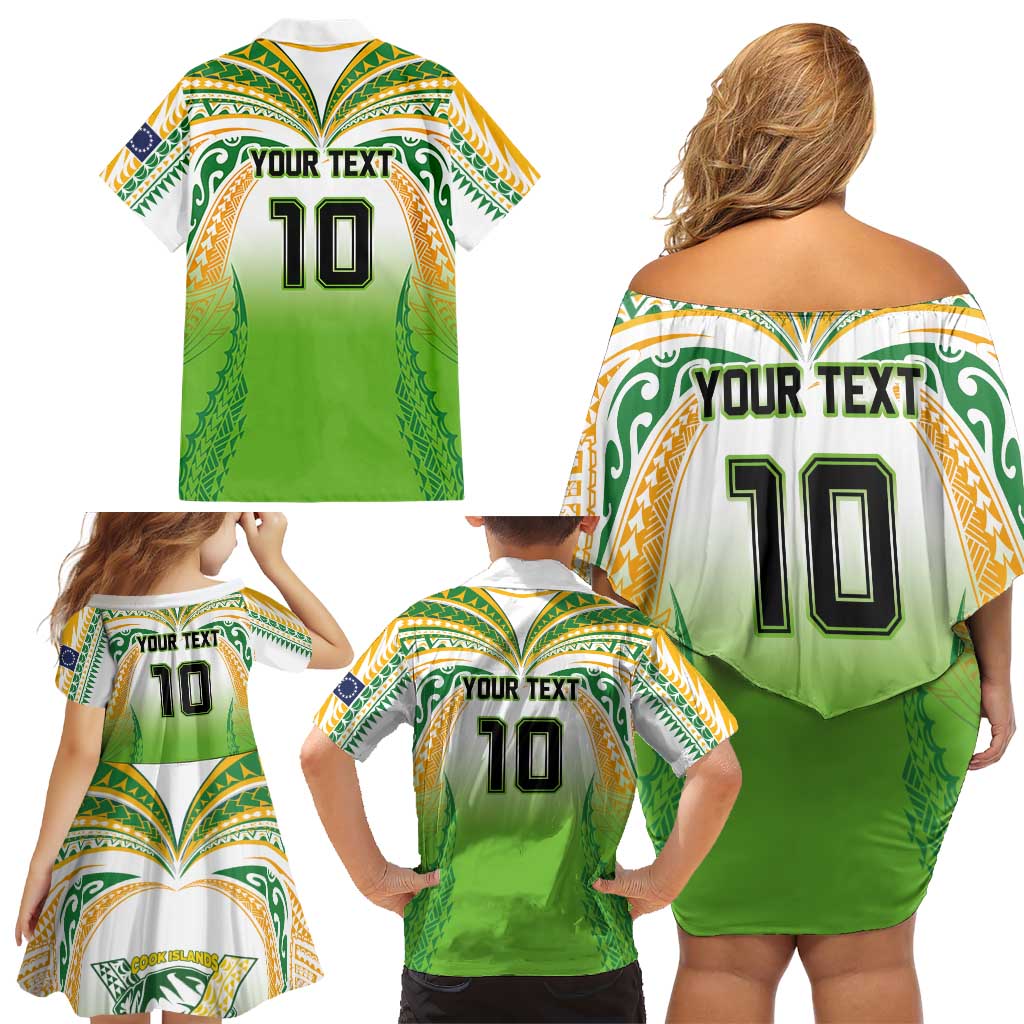 Custom Cook Islands Rugby League Family Matching Off Shoulder Short Dress and Hawaiian Shirt Avaiki Tatau Tribal Motifs White Color - Polynesian Pride