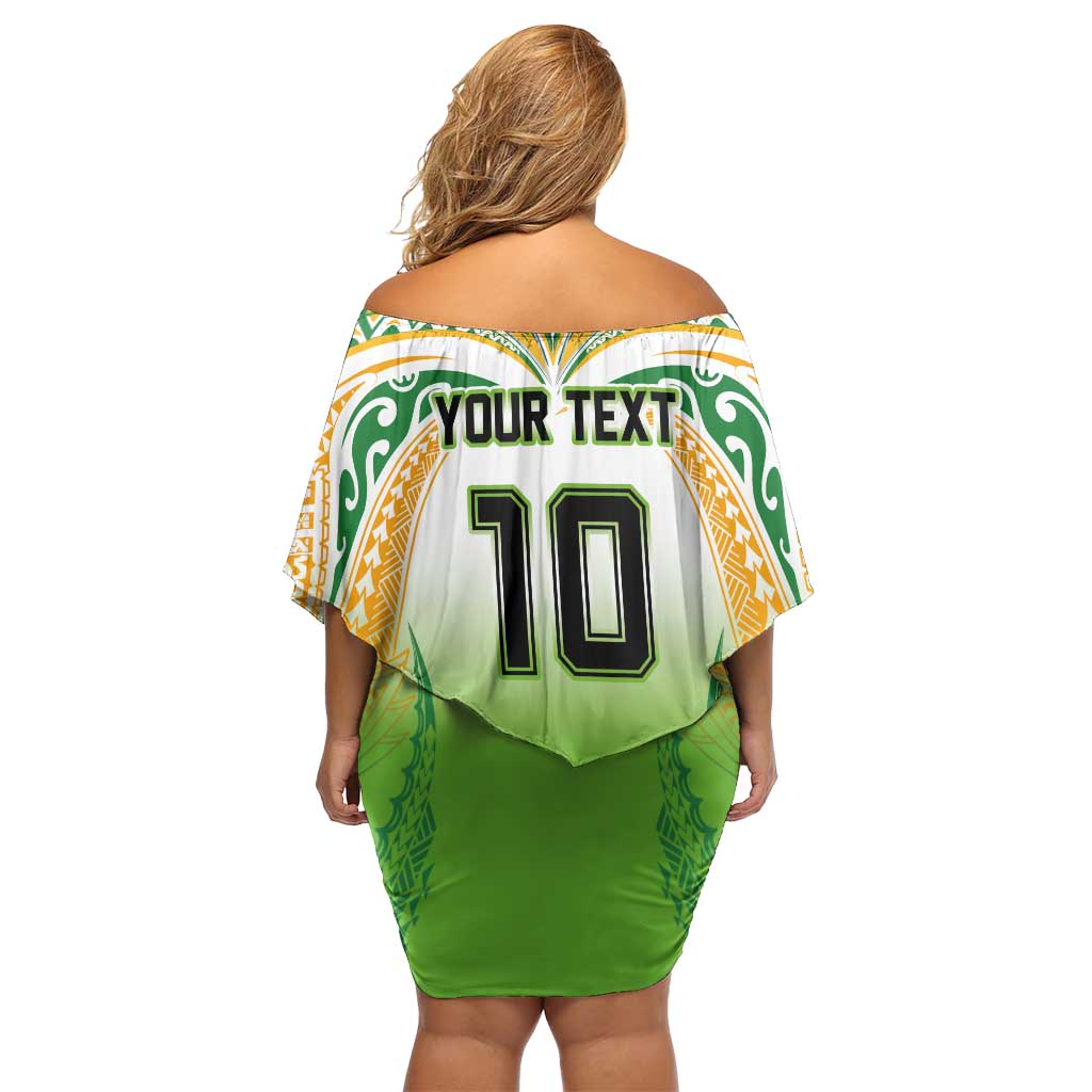 Custom Cook Islands Rugby League Family Matching Off Shoulder Short Dress and Hawaiian Shirt Avaiki Tatau Tribal Motifs White Color - Polynesian Pride