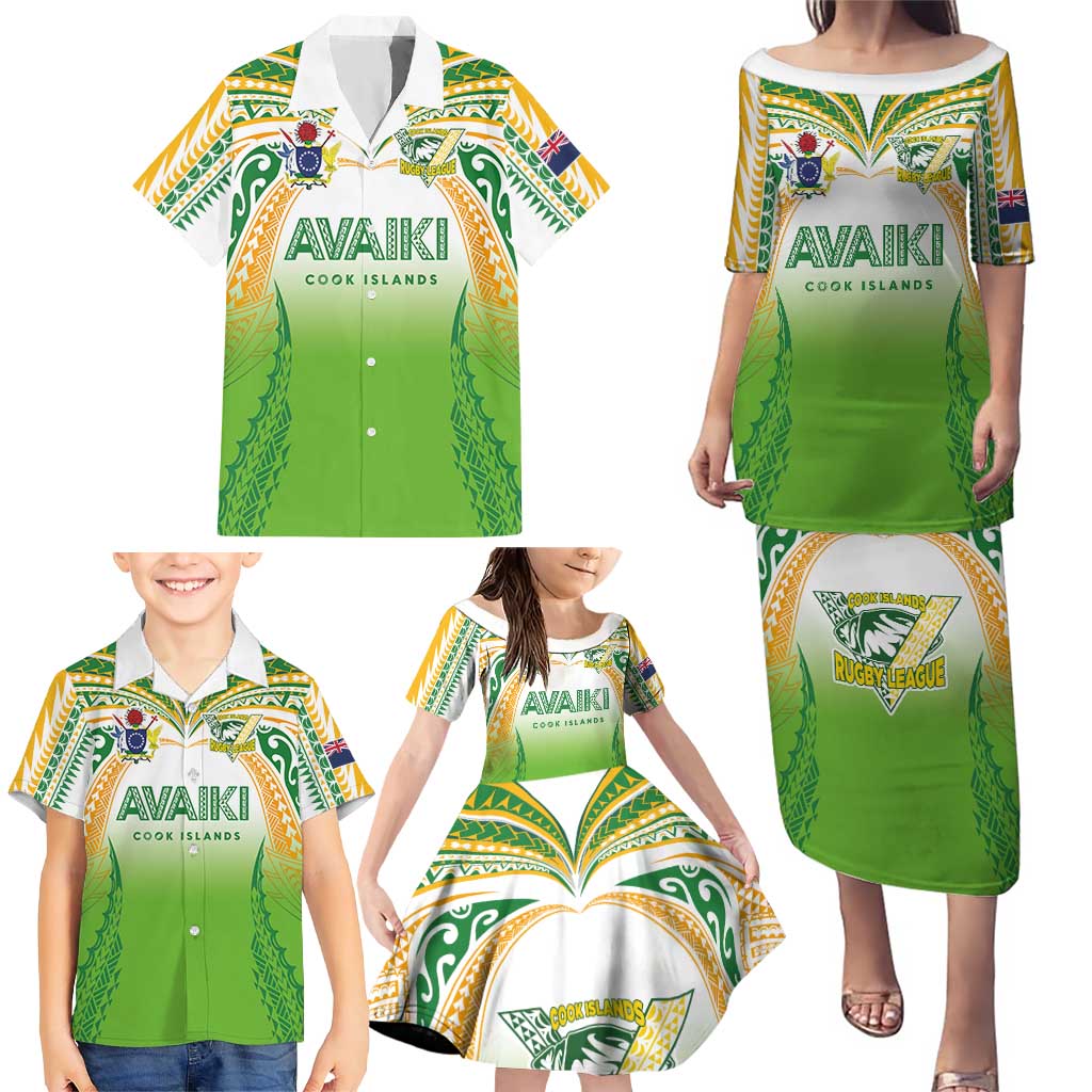 Custom Cook Islands Rugby League Family Matching Puletasi and Hawaiian Shirt Avaiki Tatau Tribal Motifs White Color - Polynesian Pride