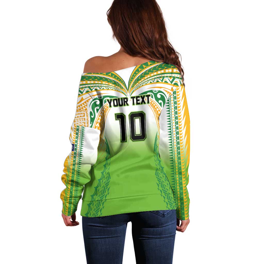 Custom Cook Islands Rugby League Off Shoulder Sweater Avaiki Tatau Tribal Motifs White Color LT03 - Polynesian Pride
