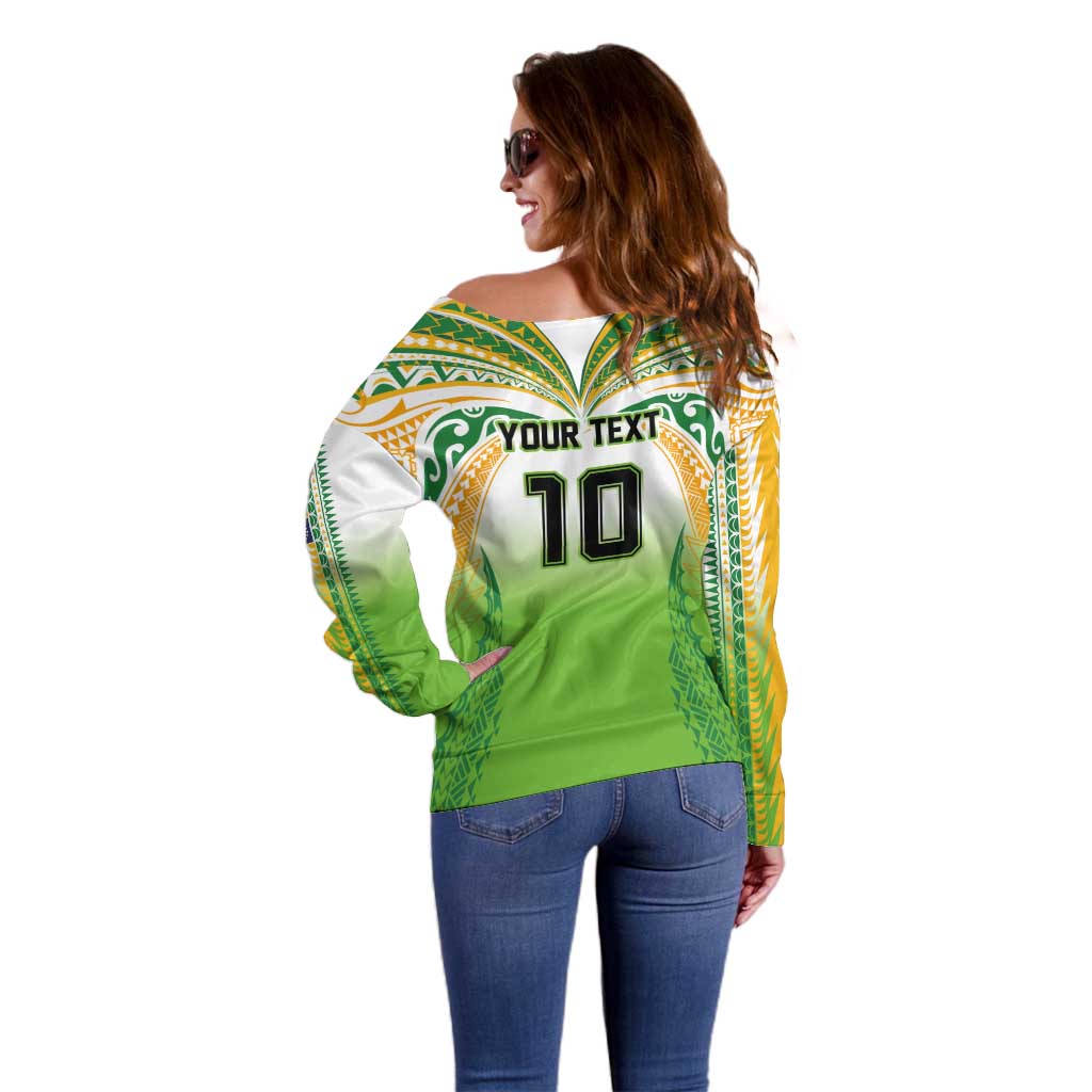 Custom Cook Islands Rugby League Off Shoulder Sweater Avaiki Tatau Tribal Motifs White Color LT03 - Polynesian Pride