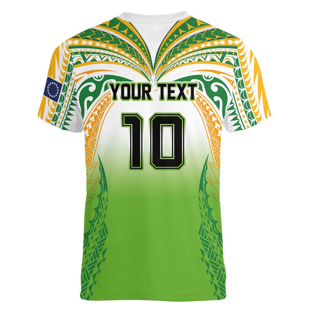 Custom Cook Islands Rugby League Women V-Neck T-Shirt Avaiki Tatau Tribal Motifs White Color - Polynesian Pride