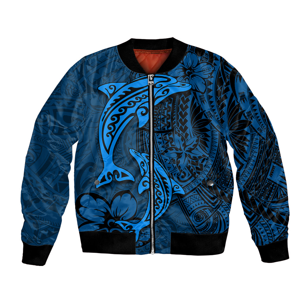 Polynesian Dolphin Valentine Day Bomber Jacket Hibiscus and Tribal Tattoo Blue Style LT03 Unisex Blue - Polynesian Pride