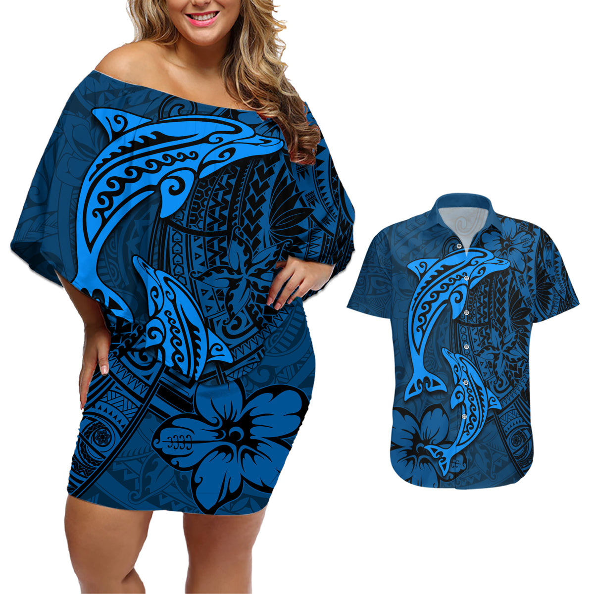 Polynesian Dolphin Valentine Day Couples Matching Off Shoulder Short Dress and Hawaiian Shirt Hibiscus and Tribal Tattoo Blue Style LT03 Blue - Polynesian Pride