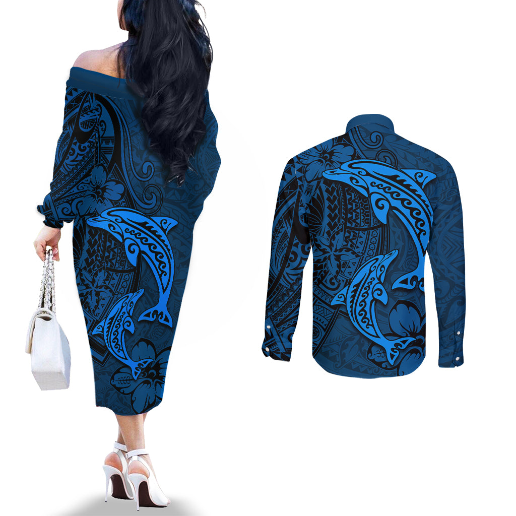 Polynesian Dolphin Valentine Day Couples Matching Off The Shoulder Long Sleeve Dress and Long Sleeve Button Shirt Hibiscus and Tribal Tattoo Blue Style LT03 - Polynesian Pride