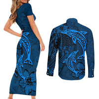 Polynesian Dolphin Valentine Day Couples Matching Short Sleeve Bodycon Dress and Long Sleeve Button Shirt Hibiscus and Tribal Tattoo Blue Style LT03 - Polynesian Pride