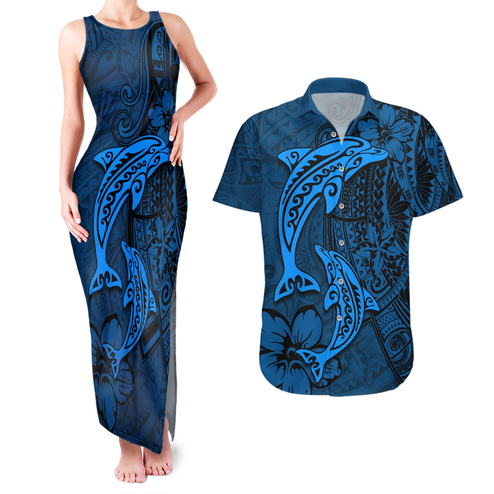 Polynesian Dolphin Valentine Day Couples Matching Tank Maxi Dress and Hawaiian Shirt Hibiscus and Tribal Tattoo Blue Style LT03 Blue - Polynesian Pride