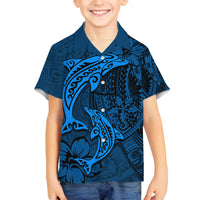 Polynesian Dolphin Valentine Day Family Matching Off Shoulder Long Sleeve Dress and Hawaiian Shirt Hibiscus and Tribal Tattoo Blue Style LT03 Son's Shirt Blue - Polynesian Pride