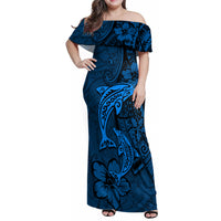 Polynesian Dolphin Valentine Day Family Matching Off Shoulder Maxi Dress and Hawaiian Shirt Hibiscus and Tribal Tattoo Blue Style LT03 Mom's Dress Blue - Polynesian Pride