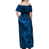 Polynesian Dolphin Valentine Day Family Matching Off Shoulder Maxi Dress and Hawaiian Shirt Hibiscus and Tribal Tattoo Blue Style LT03 - Polynesian Pride