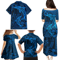 Polynesian Dolphin Valentine Day Family Matching Puletasi and Hawaiian Shirt Hibiscus and Tribal Tattoo Blue Style LT03 - Polynesian Pride