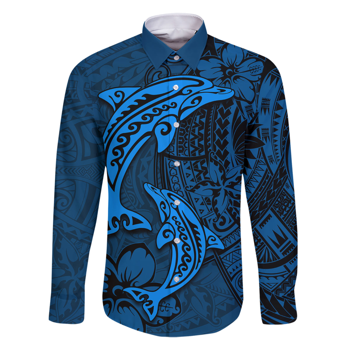 Polynesian Dolphin Valentine Day Family Matching Short Sleeve Bodycon Dress and Hawaiian Shirt Hibiscus and Tribal Tattoo Blue Style LT03 Dad's Shirt - Long Sleeve Blue - Polynesian Pride