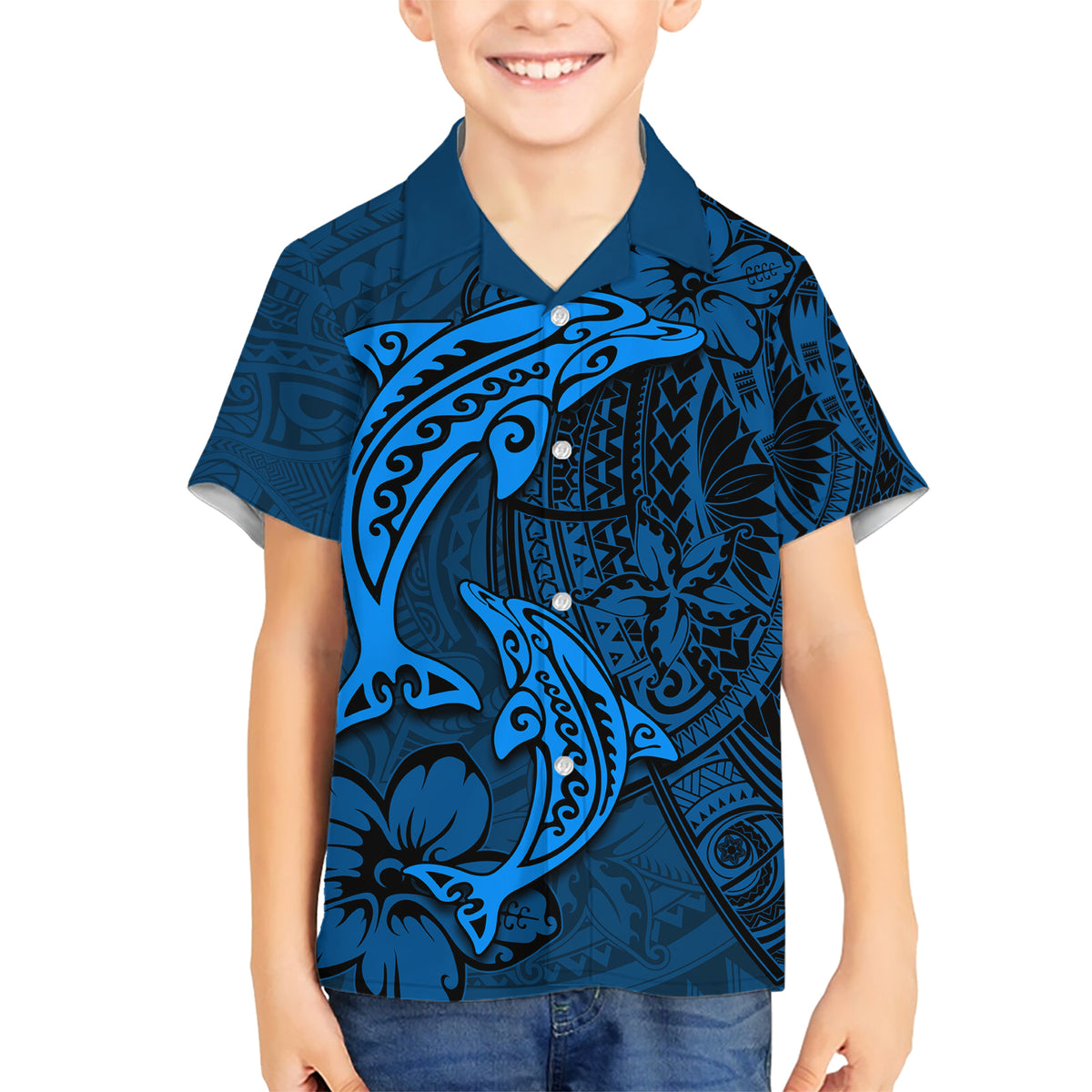 Polynesian Dolphin Valentine Day Kid Hawaiian Shirt Hibiscus and Tribal Tattoo Blue Style LT03 Kid Blue - Polynesian Pride