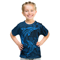 Polynesian Dolphin Valentine Day Kid T Shirt Hibiscus and Tribal Tattoo Blue Style LT03 Blue - Polynesian Pride