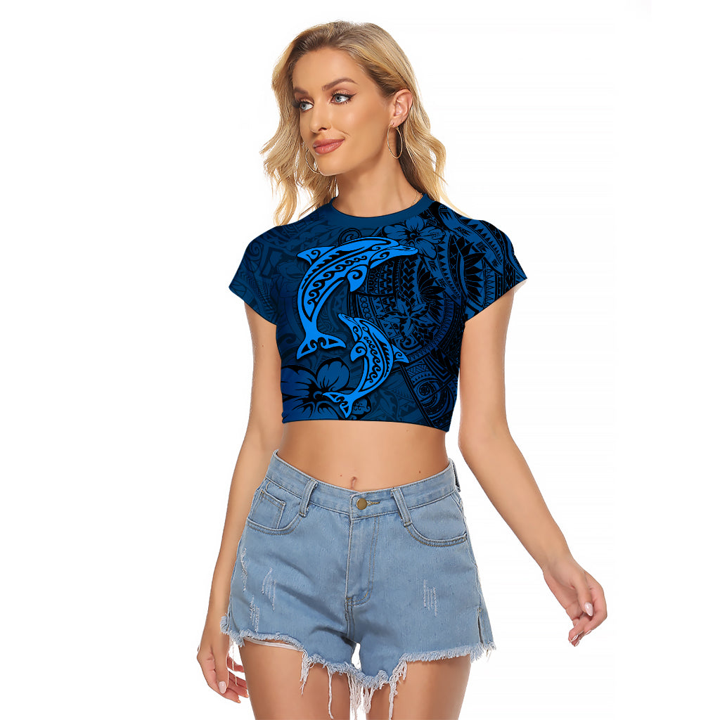 Polynesian Dolphin Valentine Day Raglan Cropped T Shirt Hibiscus and Tribal Tattoo Blue Style LT03 Female Blue - Polynesian Pride
