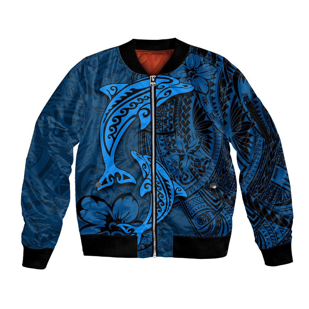 Polynesian Dolphin Valentine Day Sleeve Zip Bomber Jacket Hibiscus and Tribal Tattoo Blue Style LT03 Unisex Blue - Polynesian Pride